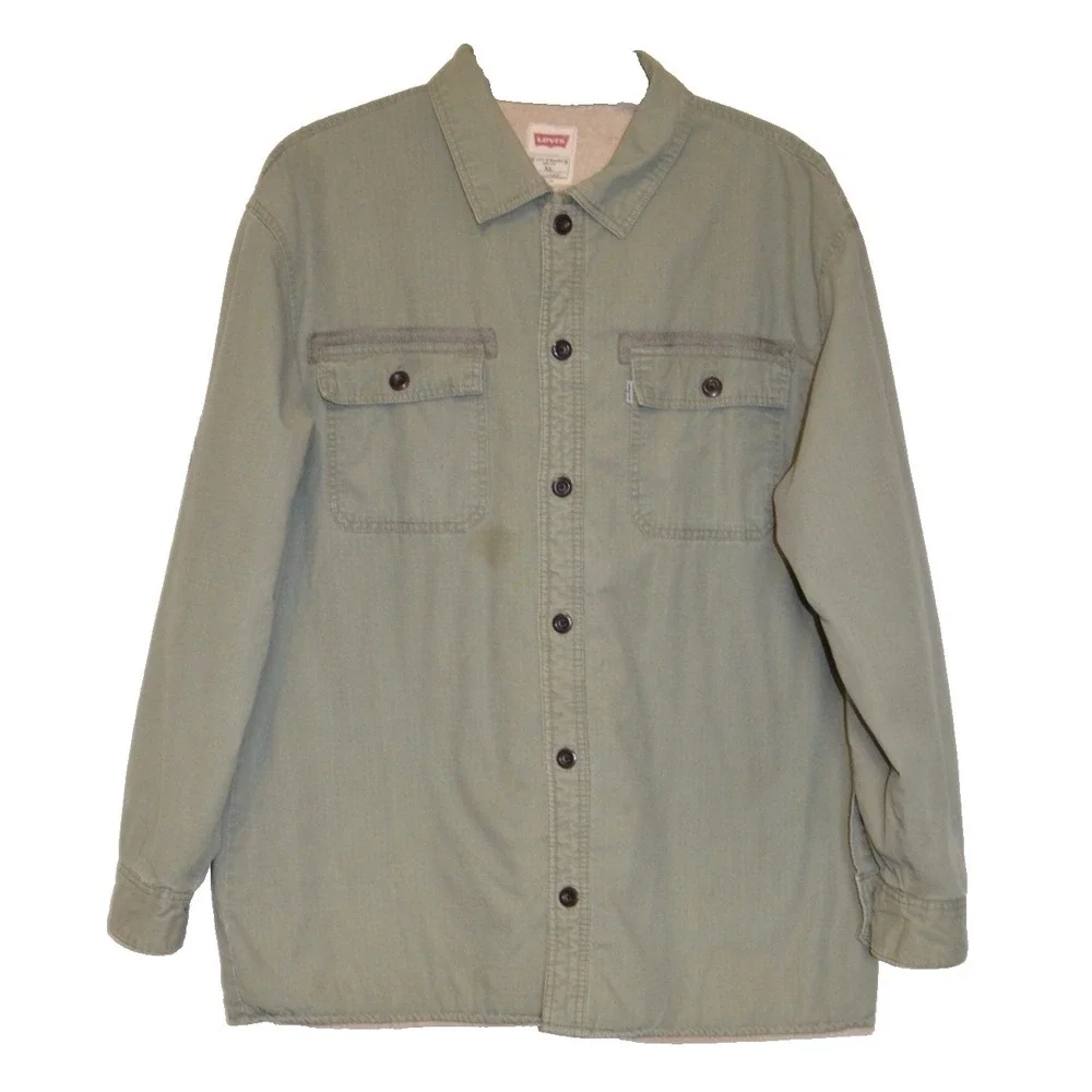 Levis Jacket Mens XL Green Sherpa Lined Shirt Jacket Shacket Workwear spot READ